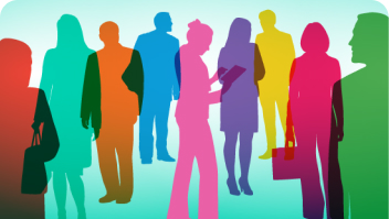 colorful translucent overlays of people in business attire